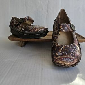 Alegria Paloma Mary Jane Shoes Size EU 37 Brown Paisley Floral Print Leather